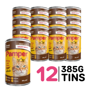 Pamper Saucy Mince Steak Wet Cat Food 385gm x 12