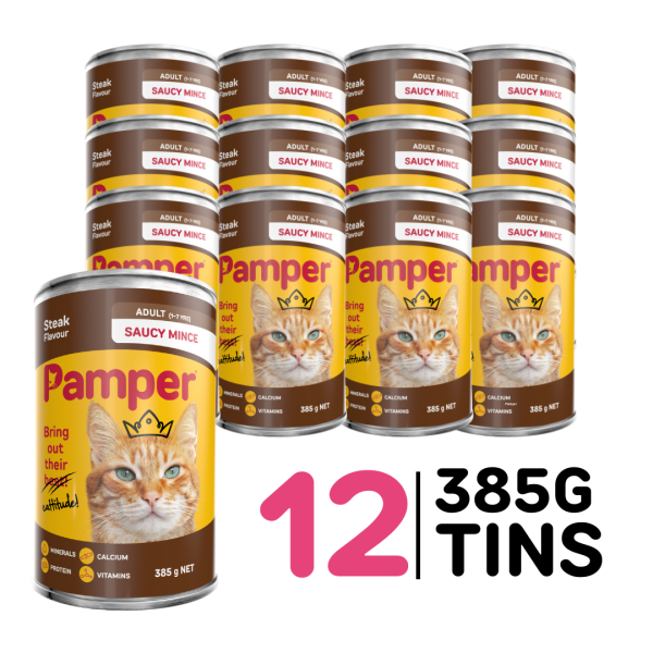 Pamper Saucy Mince Steak Wet Cat Food 385gm x 12