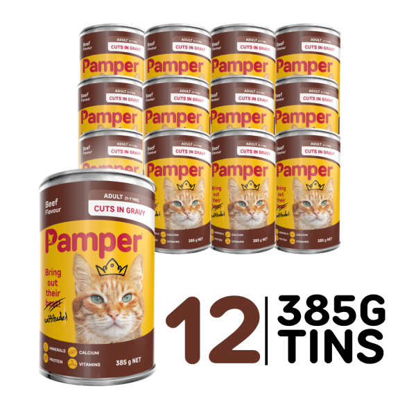 Pamper Beef Cuts In Gravy Wet Cat Food 385gm X 12