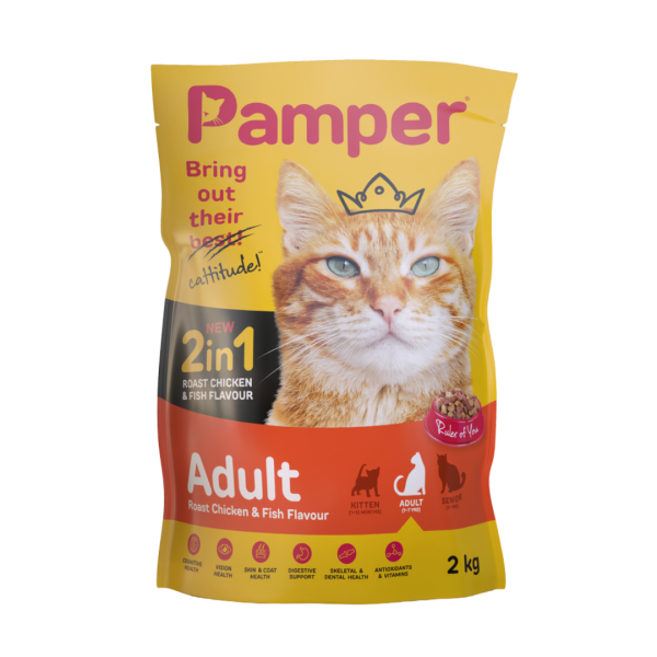 Pamper Dry Cat Food 2 in 1 Roast Chicken & Fish Flavour Adult Dry Cat Food 2kg