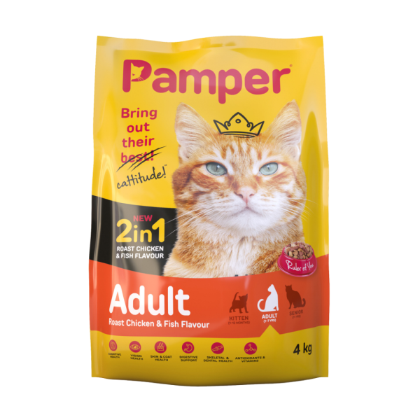 Pamper Dry Cat Food 2 in 1 Roast Chicken & Fish Flavour Adult Dry Cat Food 4kg