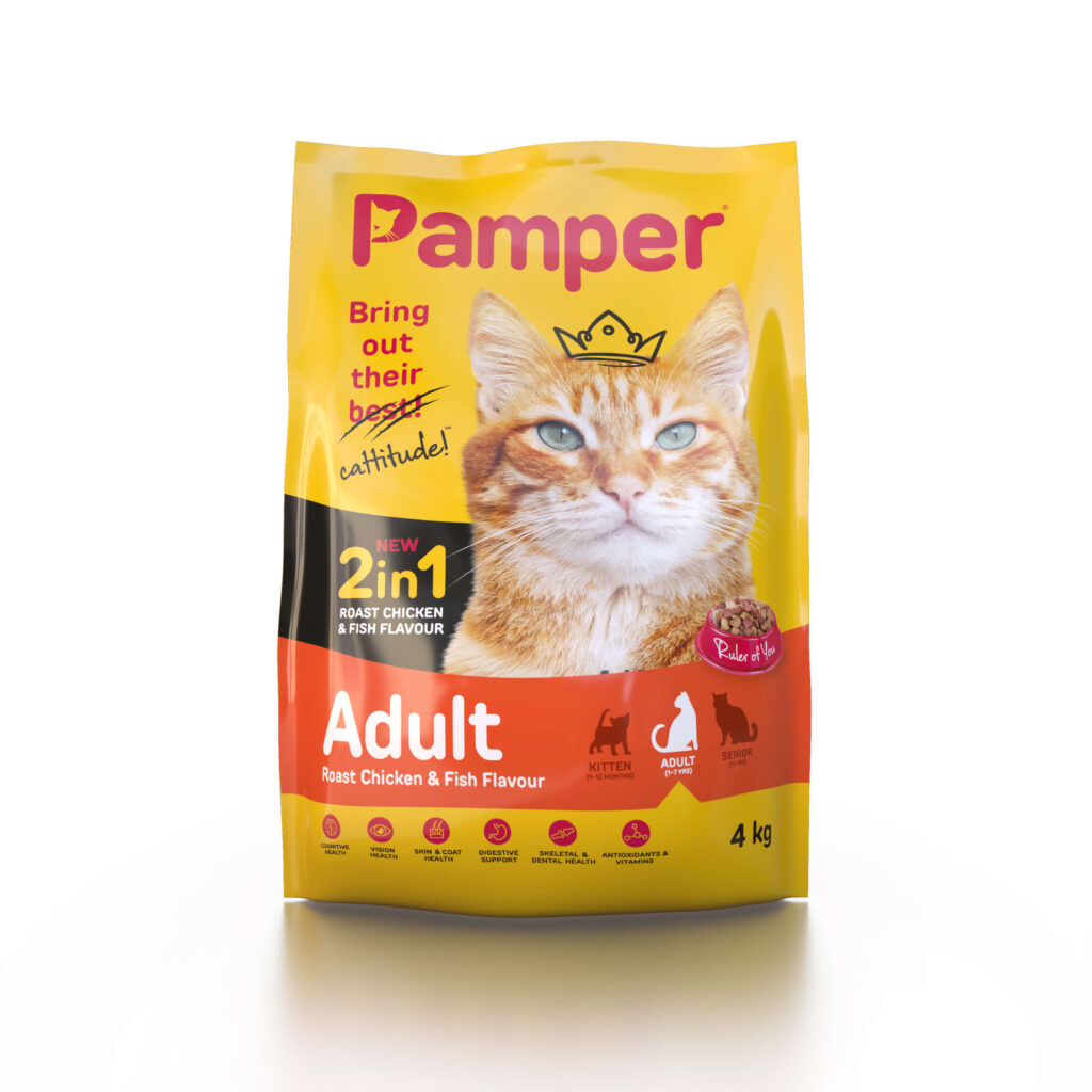 Pamper Dry Cat Food 2 in 1 Roast Chicken & Fish Flavour Adult Dry Cat ...