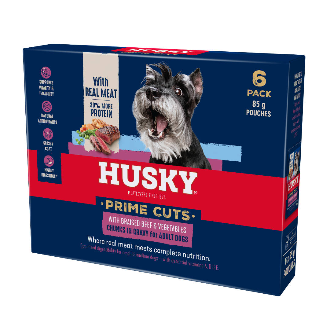 Husky Prime Cuts Braised Beef & Vegetables (6 x 85g) Wet Dog Food Pouches