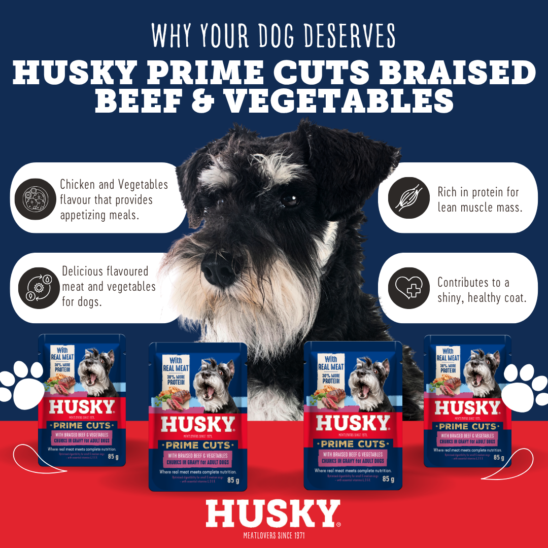 Husky Prime Cuts Braised Beef & Vegetables (6 x 85g) Wet Dog Food Pouches - Image 3