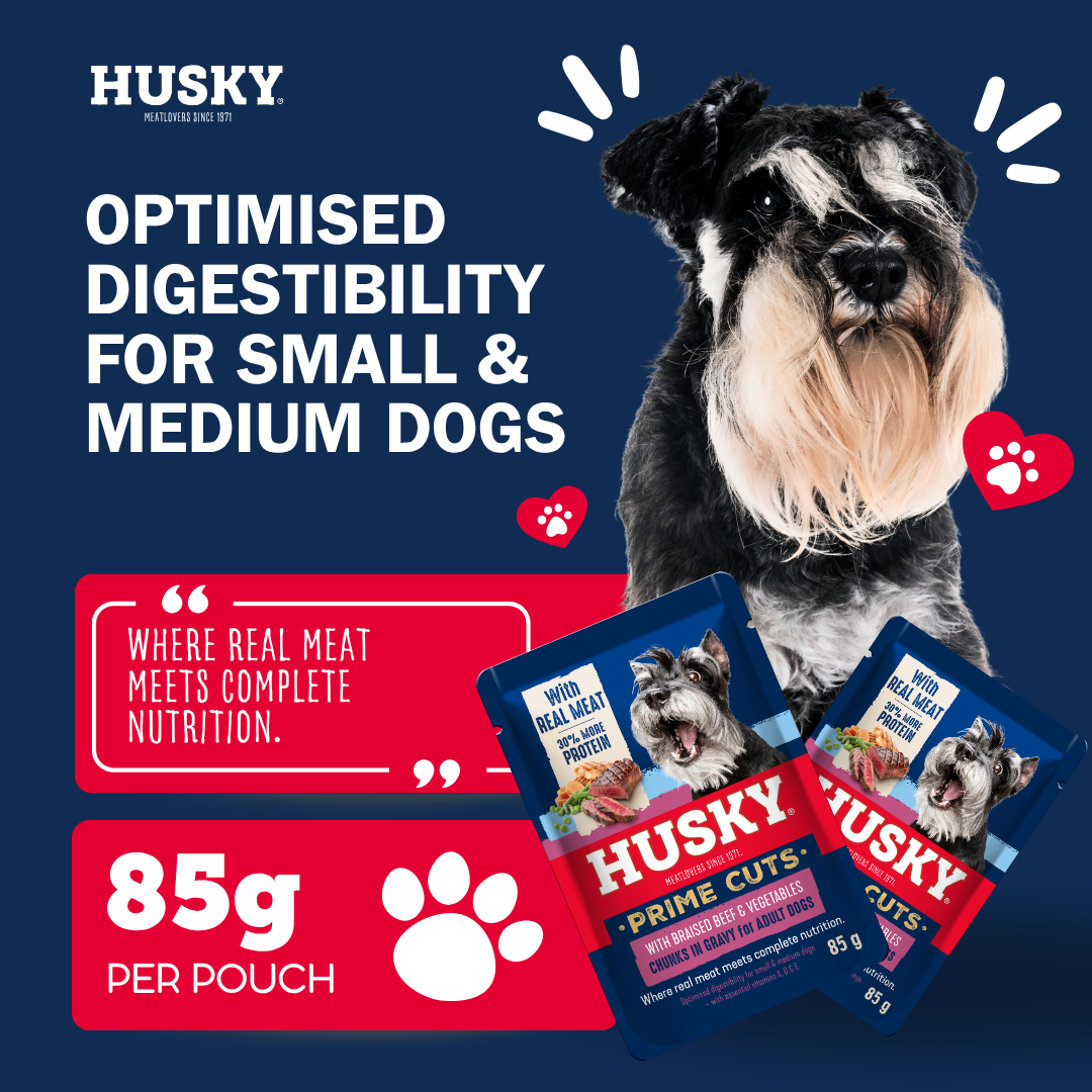 Husky Prime Cuts Braised Beef & Vegetables (6 x 85g) Wet Dog Food Pouches - Image 4