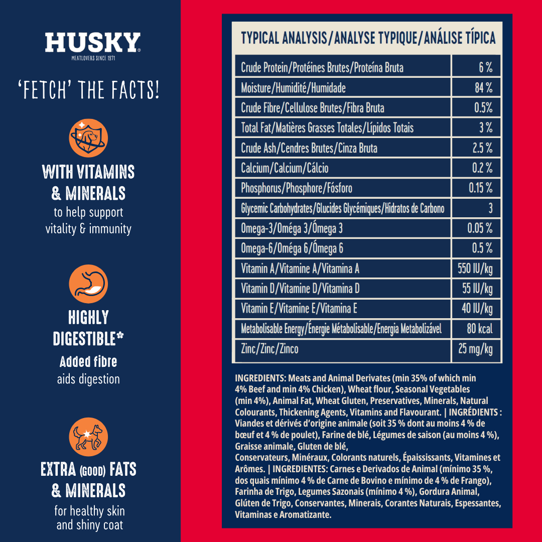 Husky Prime Cuts Braised Beef & Vegetables (6 x 85g) Wet Dog Food Pouches - Image 5